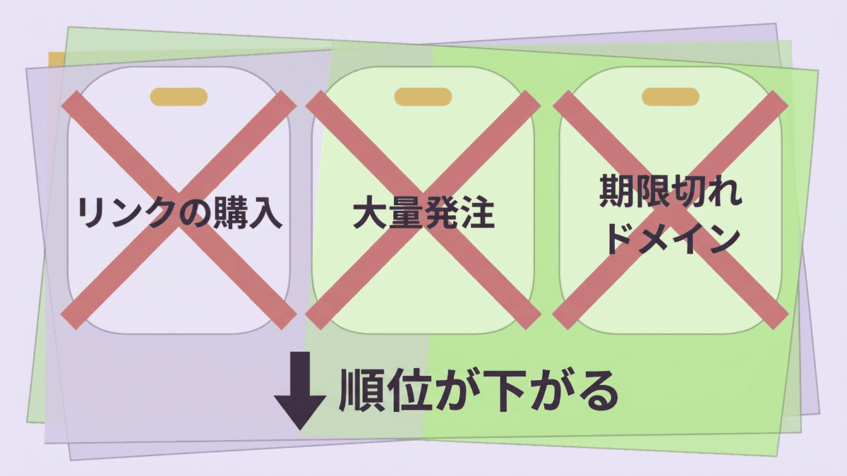 リンクの購入、記事の大量発注、期限切れのドメインの購入の3つにバツ印を付けた図