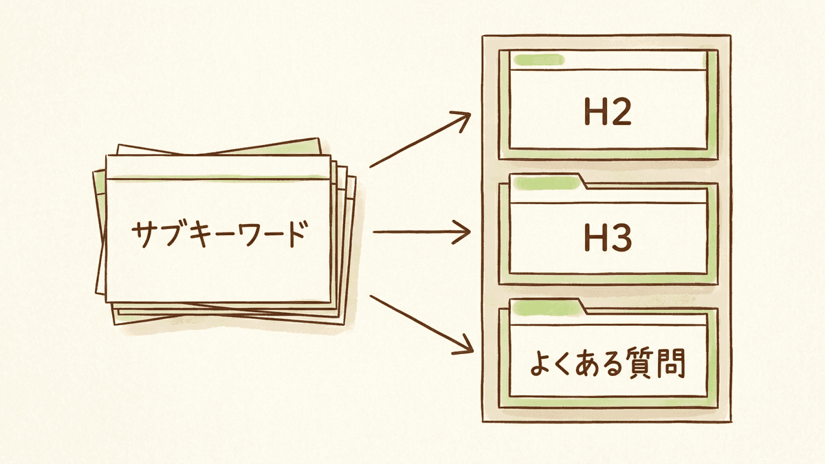 サブキーワードにした再検索キーワードを、記事のH2、H3、よくある質問に配置した構成図