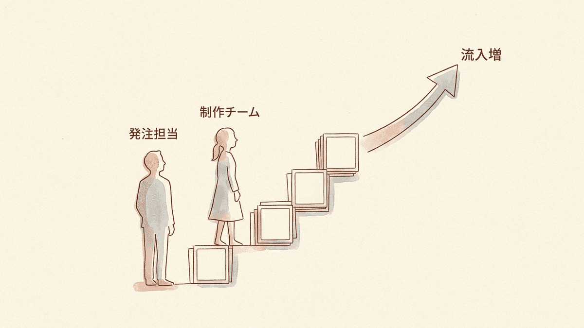 外注先と発注担当者が並走して記事を資産化していくイメージ図
