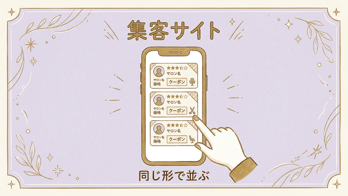 集客サイトの一覧ページに、近くのサロンのページがクーポンの価格と写真とともに同じ形で並んでいる図