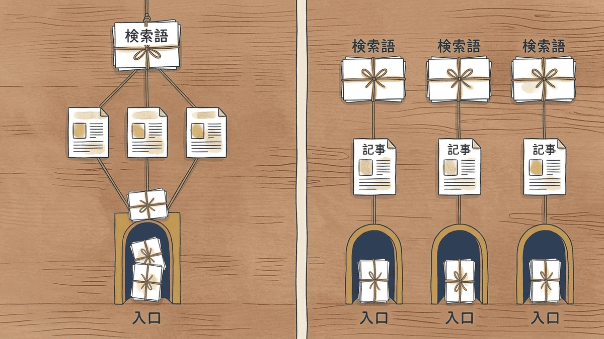 同じ検索に答える3本の記事と、別々の検索に答える3本の記事で、検索結果からの入口の数が変わる様子を比べた図