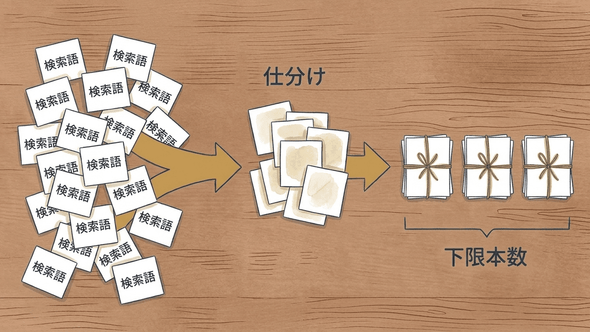 集めた検索語が検索結果の重なりによっていくつかのまとまりに分かれ、まとまりの数が記事数の下限になる流れを示した図