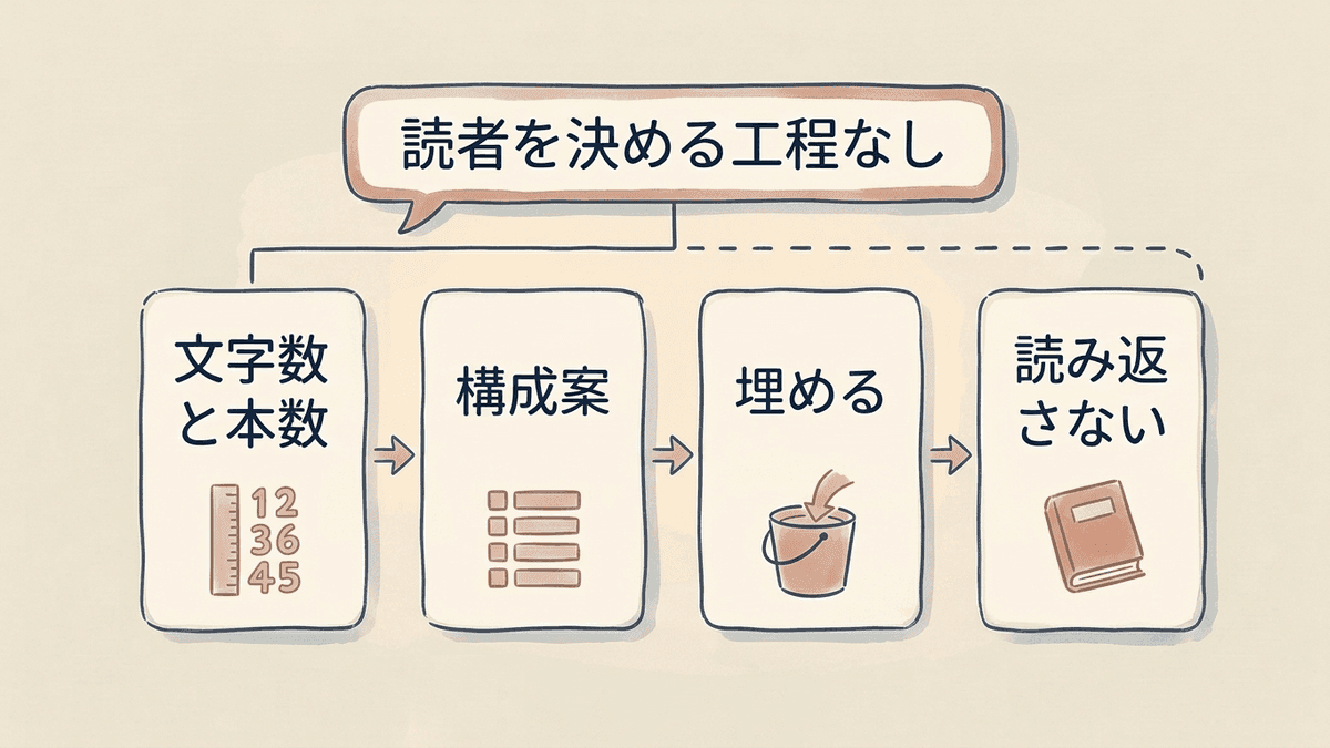 ゴミ記事が生まれる制作手順の流れを示した図