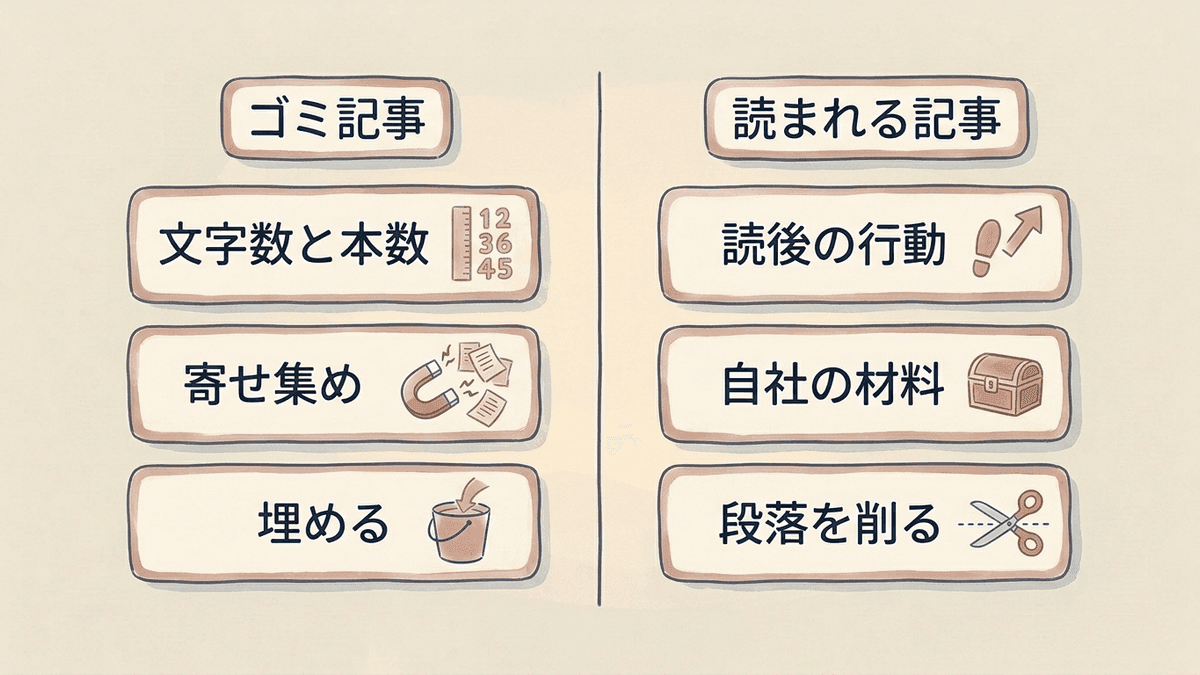 ゴミ記事と読まれる記事の作り方の違いを示した比較図