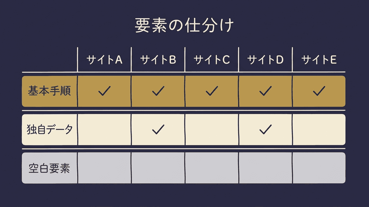 上位サイトの要素を全員が持つ要素と一部だけが持つ要素に仕分けた表の図