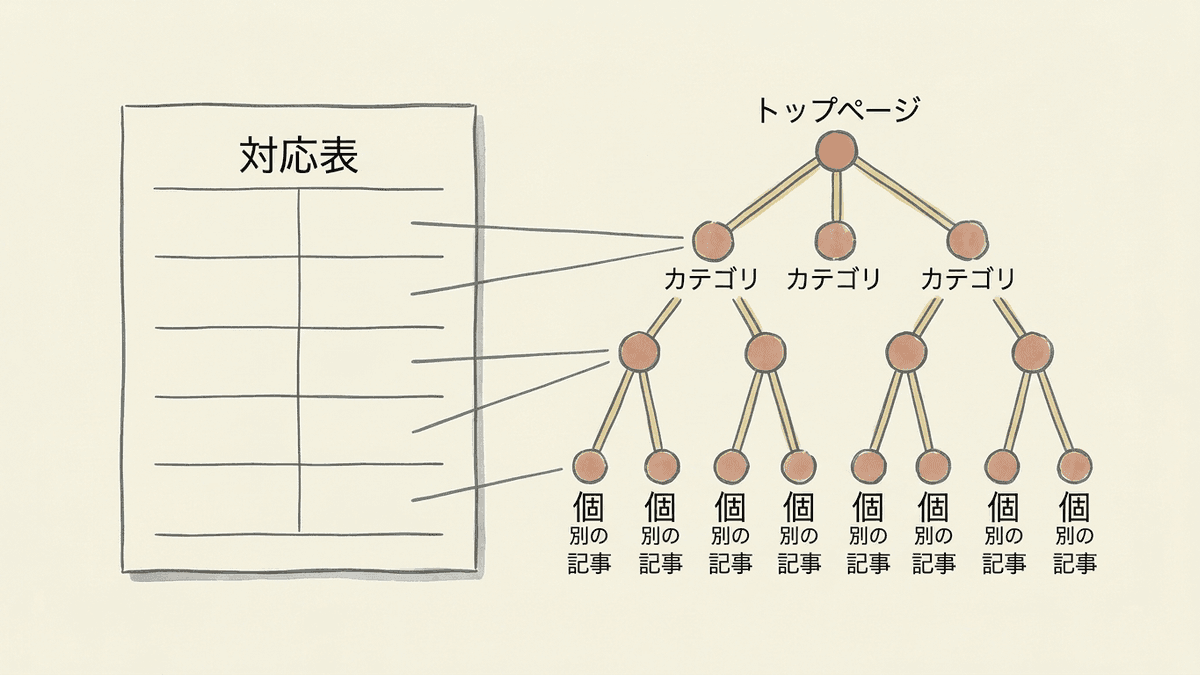 キーワードとページの対応表からサイト構造が組み上がる流れ図