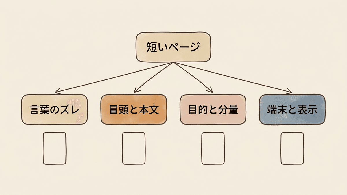 滞在時間が短いページの原因を4つの食い違いに切り分ける診断の流れ図