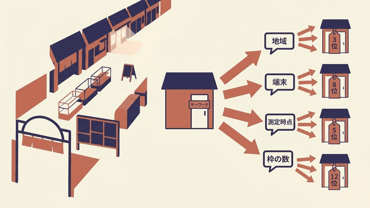 同じキーワードでも地域・端末・時点・枠の有無によって表示される順位が変わることを示した図