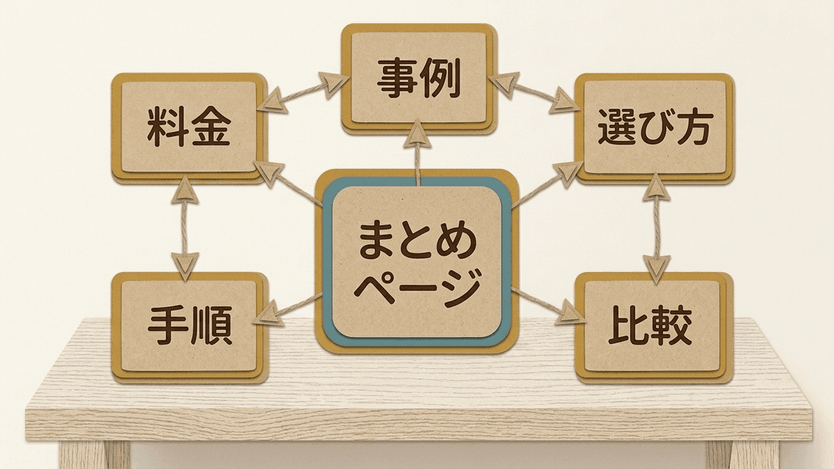 テーマをまとめるページと個別の疑問に答えるページを内部リンクでつないだ図