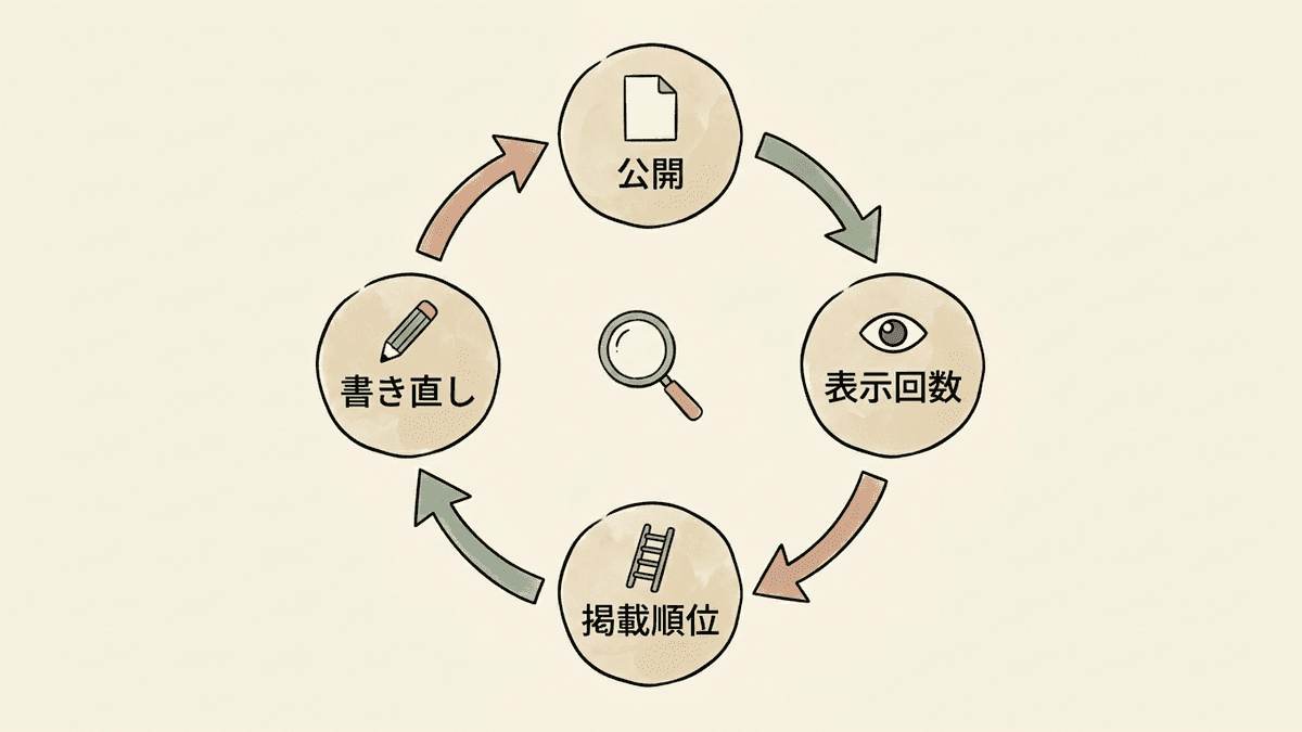 記事の公開から数字の確認、書き直しまでを毎月まわす流れの図
