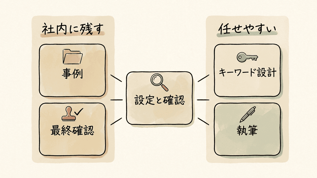 SEO対策の工程を、社内に残す工程と任せやすい工程に分けた図