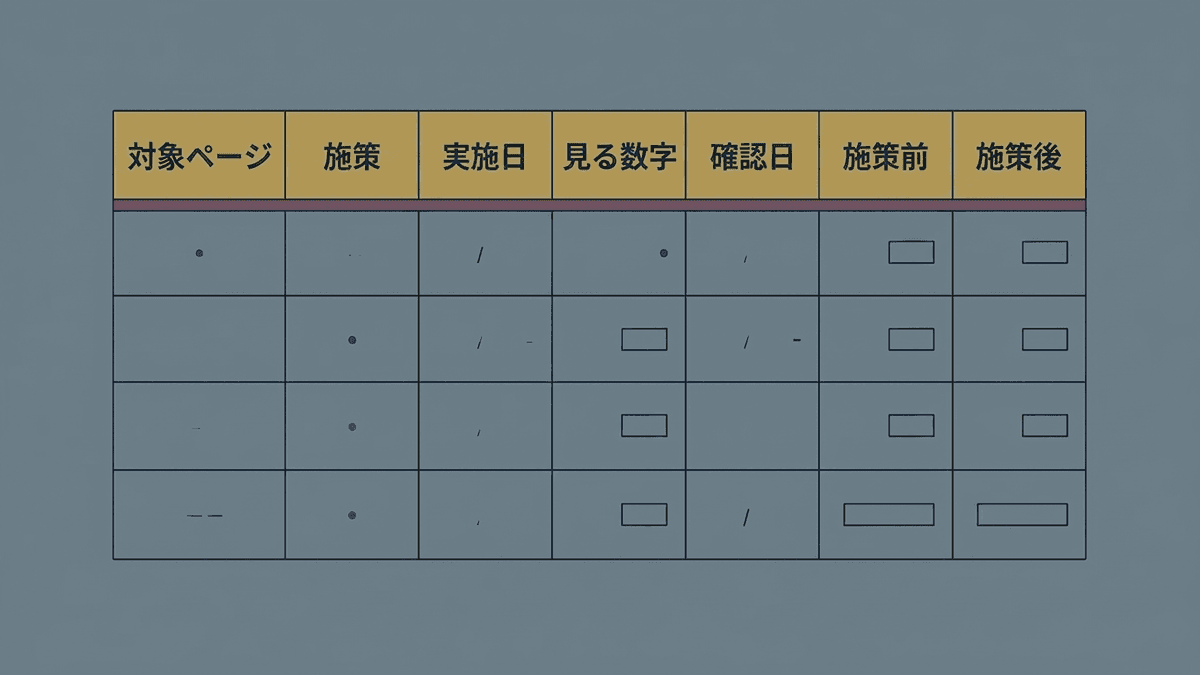 SEO対策の施策と確かめる数字を記録する表の例
