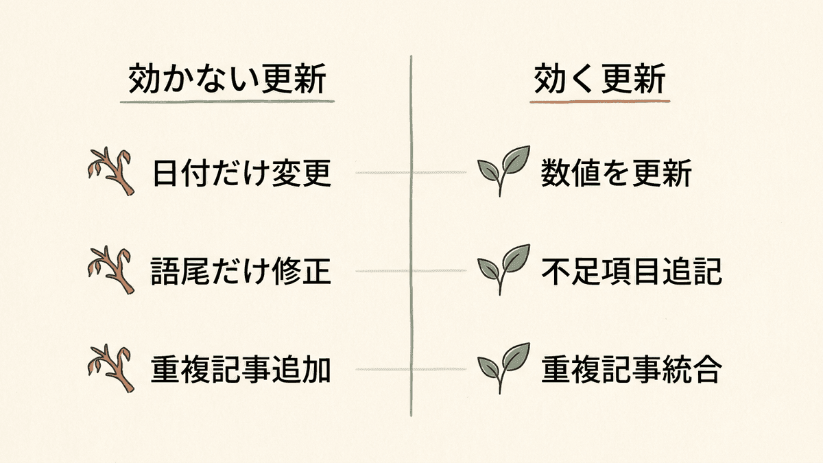 効果の出ない更新と順位に効く更新を対比した図
