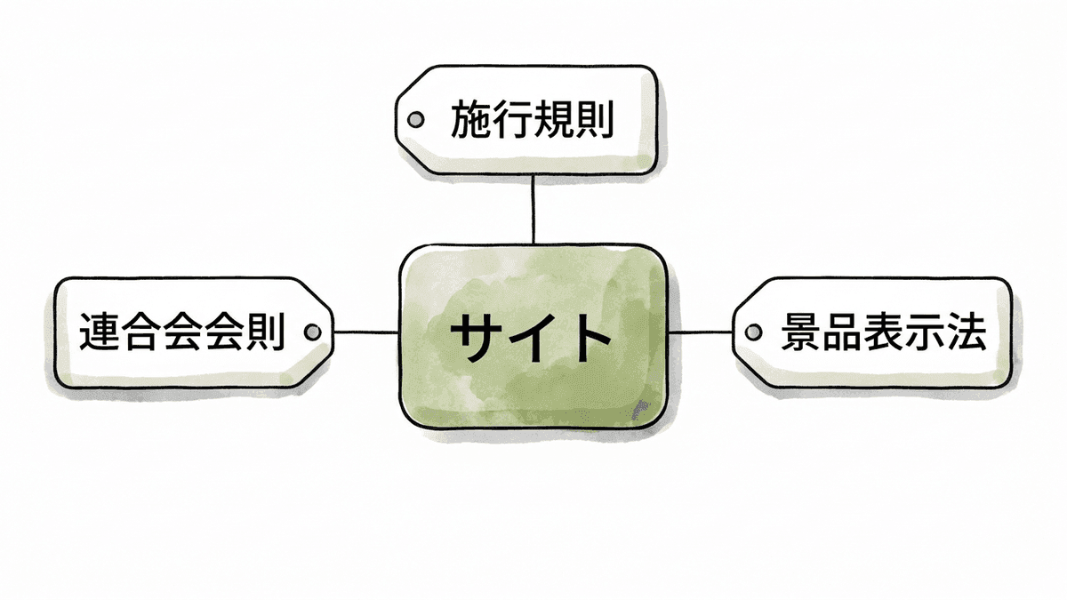 社労士事務所のサイトに当てはまる施行規則、連合会の会則、景品表示法の3つの決まりを示した図