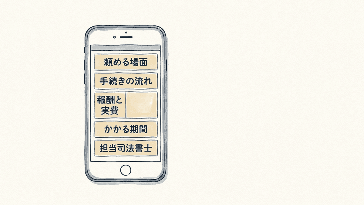 司法書士事務所の業務ページに書く5つの項目を上から順に並べた図