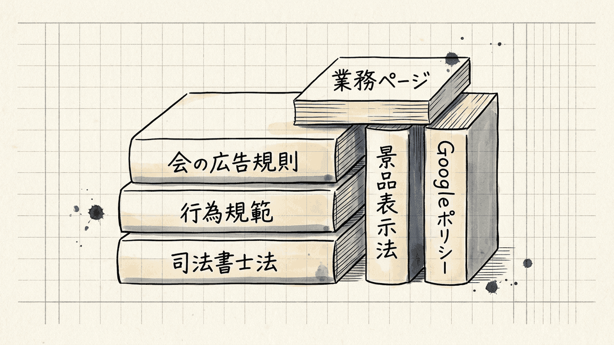 司法書士の業務ページを書くときに守る決まりを、法令から会の規則まで積み重ねて示した図