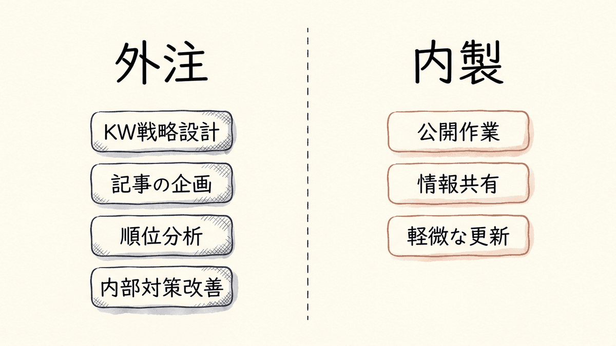 外注に回す作業と社内に残す作業の線引きを示した図解