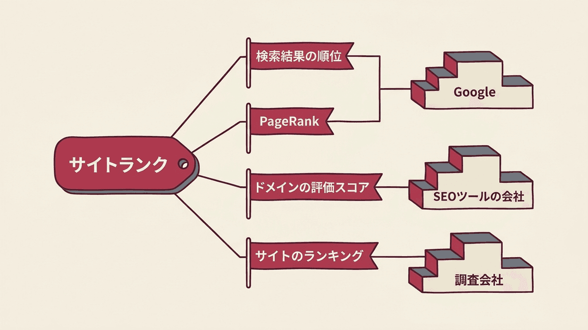 サイトランクと呼ばれる4つの数字と、それぞれを出す会社の関係を示す図