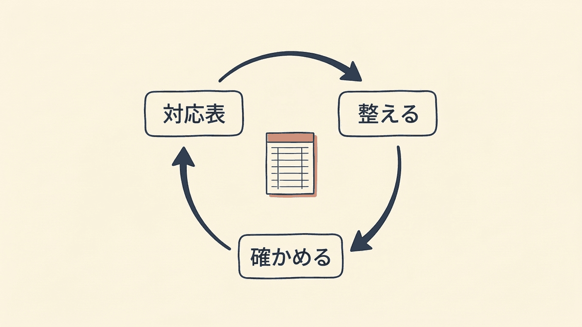 対応表を作り、ページを整え、Search Consoleで確かめて対応表を見直す流れの循環図