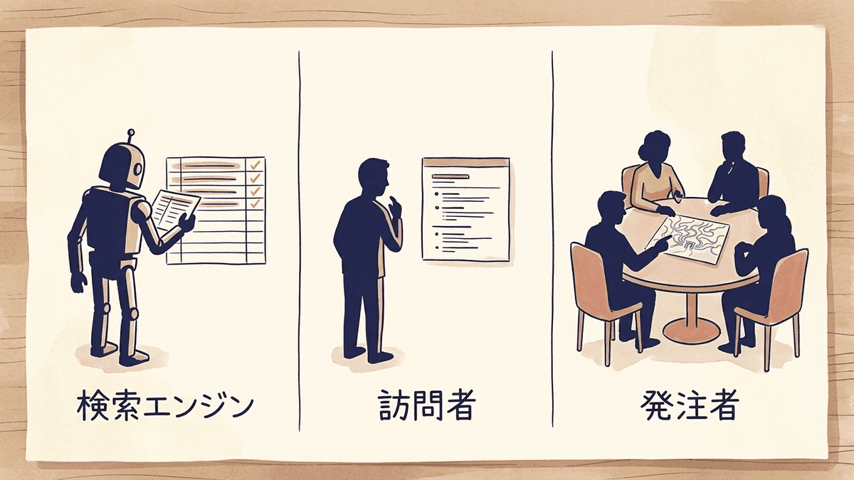 XMLサイトマップ、HTMLサイトマップ、設計用のサイトマップの読み手の違いを示す図