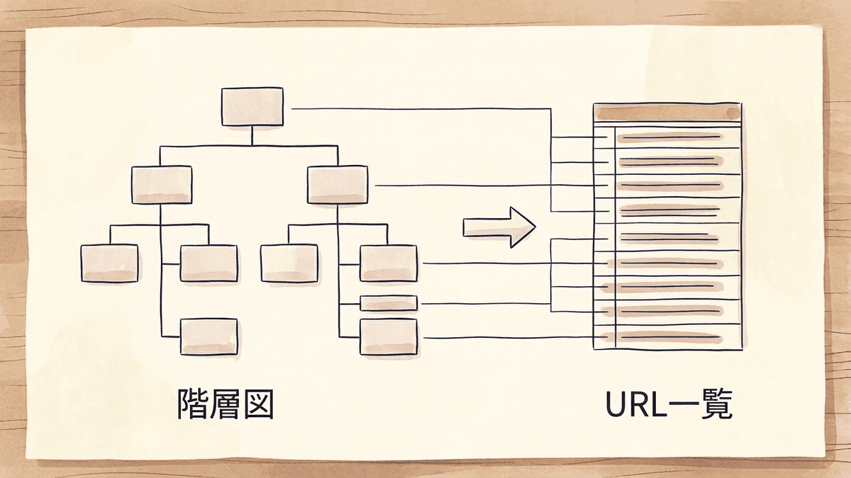 設計用のサイトマップの階層図から、公開後のXMLサイトマップのURL一覧が作られる流れ