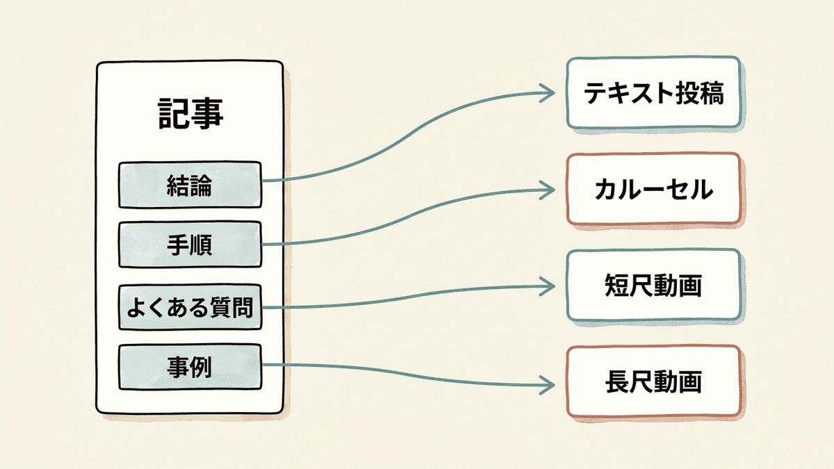 1本の記事から複数のSNS投稿が作られる流れを示した図