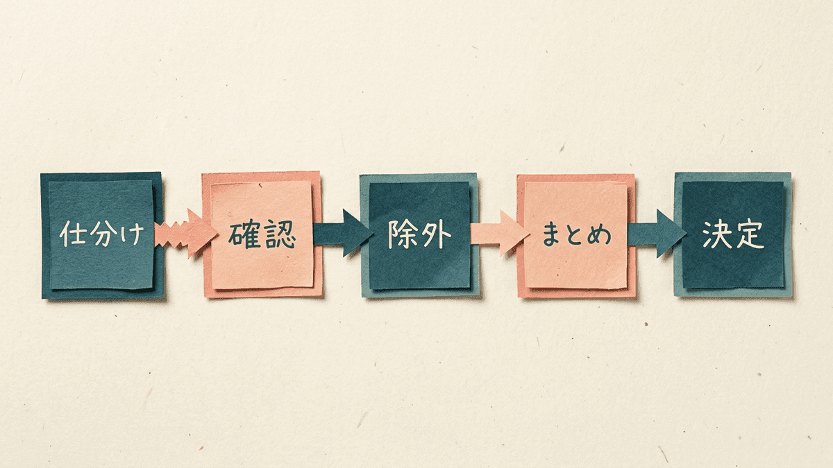 取得したサジェストを5つの手順で絞り込み、記事で使うキーワードを決める流れ図