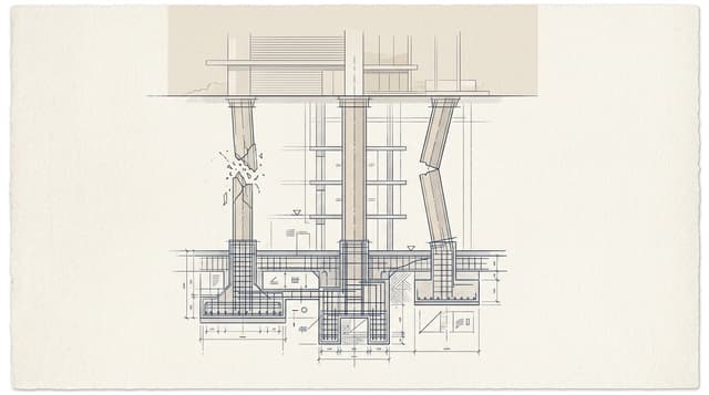 3本の柱のうち2本が破損した建築設計図——目的設計の不備が立ち上げ後のメディアを支えられないことの比喩