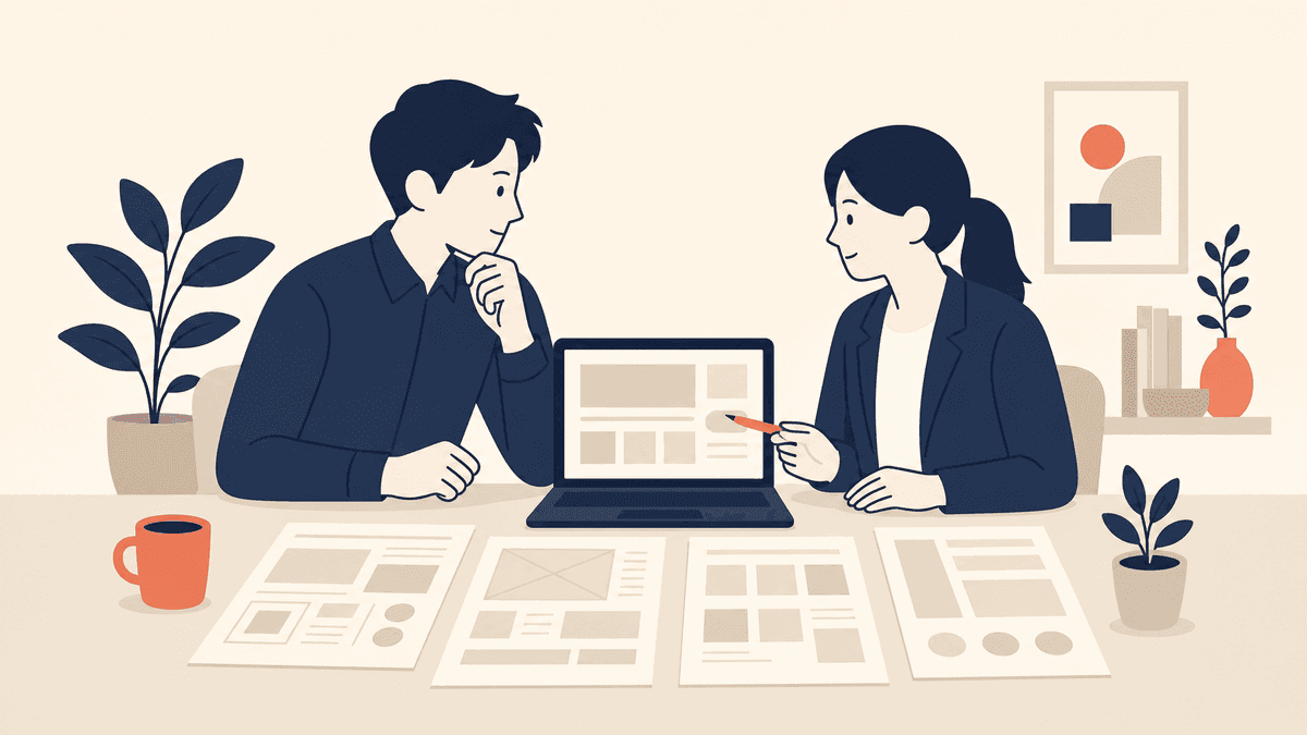 ノートパソコンとサイトの設計ラフを机に広げ、発注担当者と制作パートナーが並んで打ち合わせをしている落ち着いた場面を描いた図。