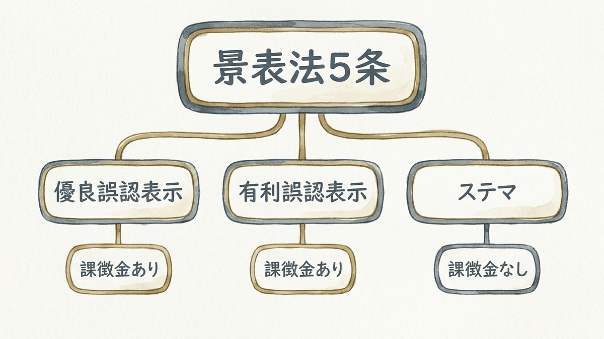 景品表示法第5条が禁じる3つの不当表示の関係図