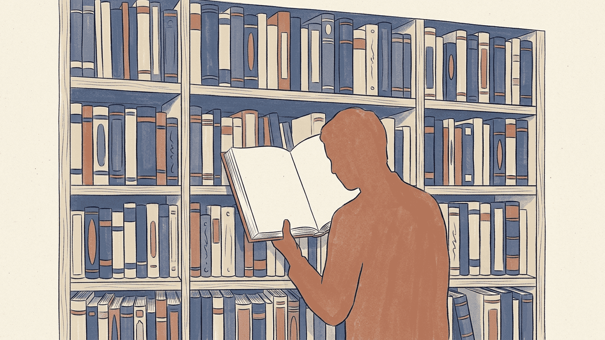 文章の形は整っているのに意味が読み取れないテキストが画面いっぱいに並び、その前で内容を確かめようとしている人物を描いた図。