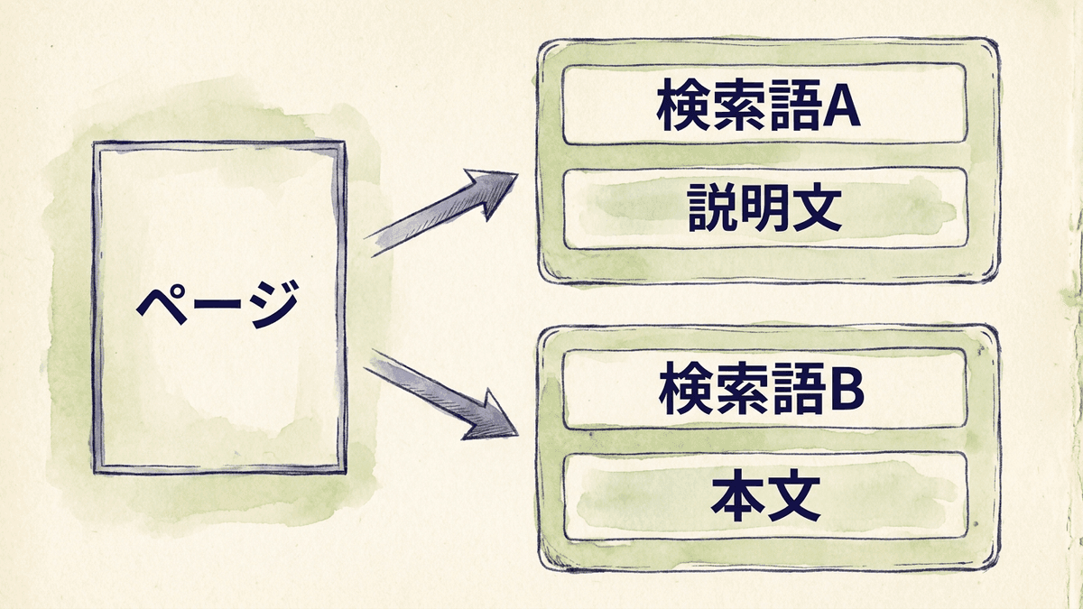 同じページでも、検索語によってスニペットにmeta descriptionが使われる場合と、本文の一部が使われる場合があることを示した図