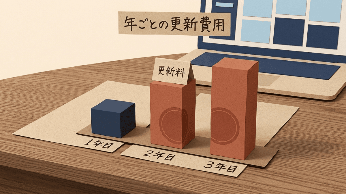 WordPress.comのパーソナルプランを1年払いで続けたときの年ごとの費用を示した図