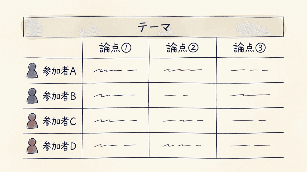 座談会のテーマと論点、参加者の対応関係を整理した設計表