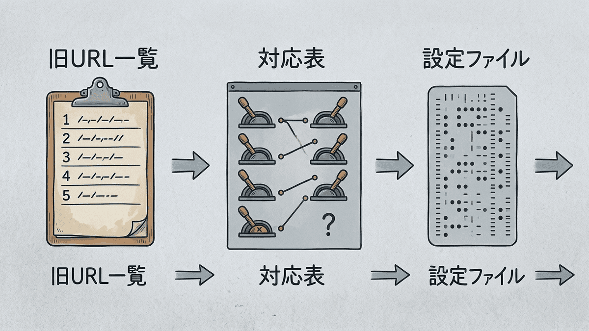 旧URLと新URLの対応表からリダイレクト記述を作る流れの図