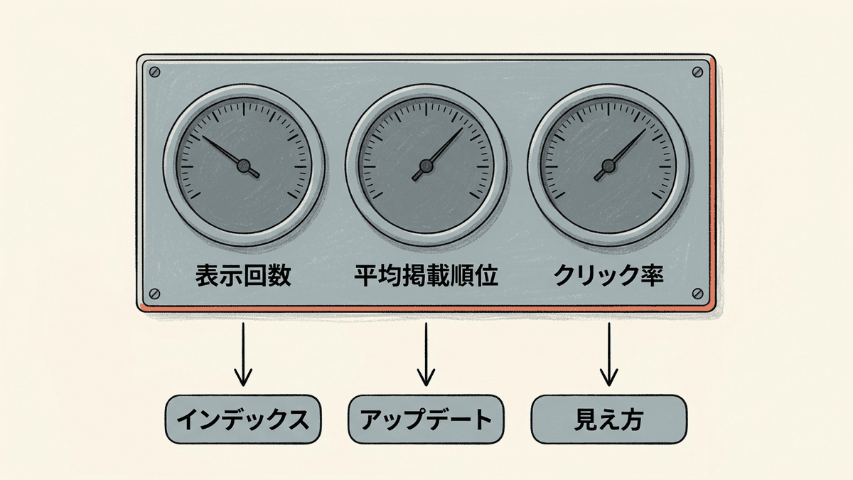 Search Consoleの表示回数、平均掲載順位、クリック率のどれが動いたかで、疑う原因と次に開くレポートが分かれることを示す図