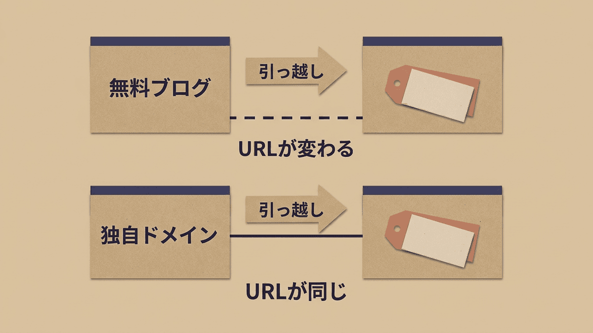 無料ブログのURLと独自ドメインで、引っ越し後のURLがどう変わるかを比べた図
