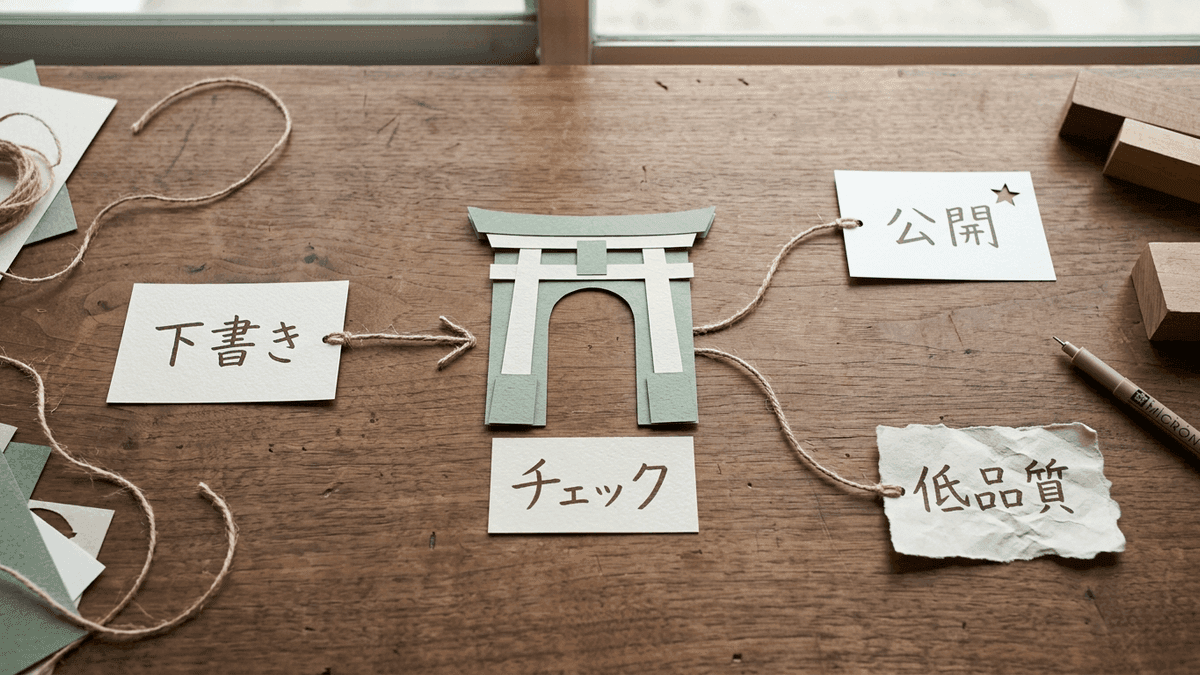 AIが生成した下書きが人のチェックを通ってはじめて公開される流れを示した図