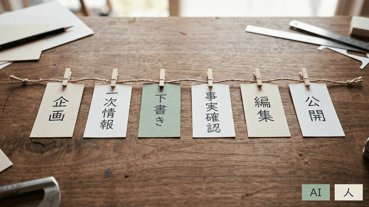 記事制作の工程ごとにAIに任せてよい範囲と人が担うべき範囲を示したフロー図