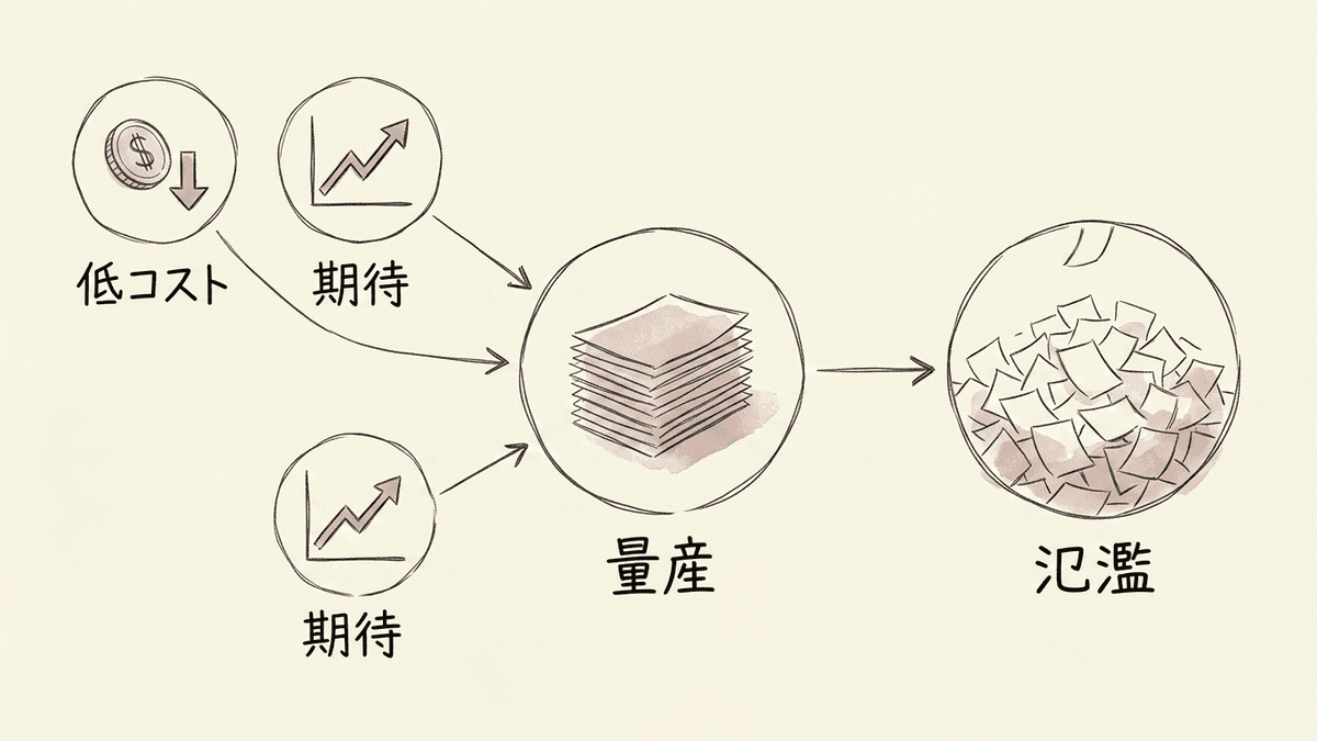 AI記事が増える仕組みを示したフロー図