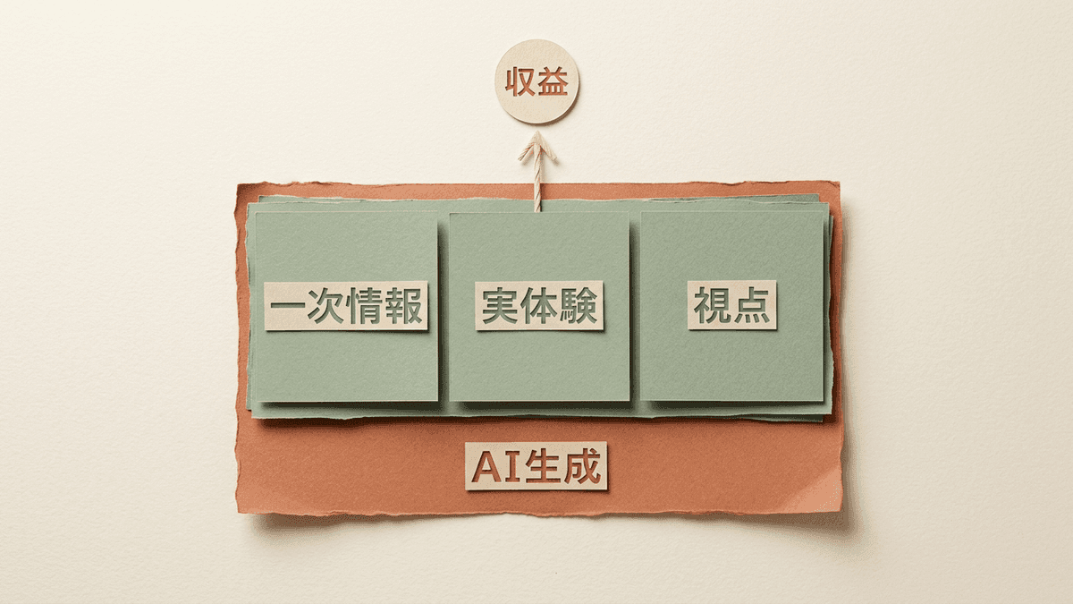 AI生成の土台に人間が一次情報を積み上げる構造の図