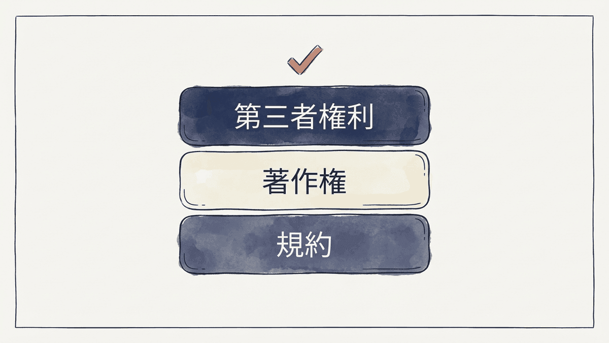 AI画像の商用利用可否を決める3つの権利レイヤーを示した構造図