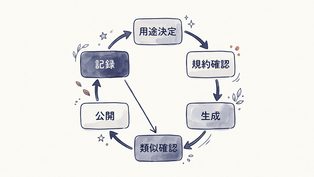 AI画像を生成してから公開・記録するまでの循環を示したフロー図