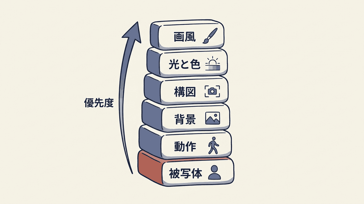 画像生成AIのプロンプトを構成する6要素の積み上げ図