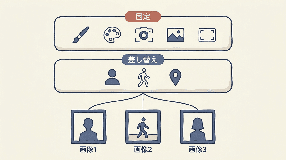 プロンプトを固定ブロックと差し替えブロックに分けたテンプレートの構造図