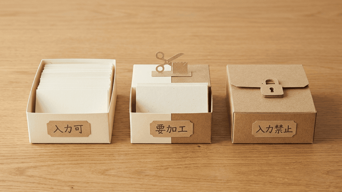 AIに入力してよい情報の線引きを三段階で示した分類図