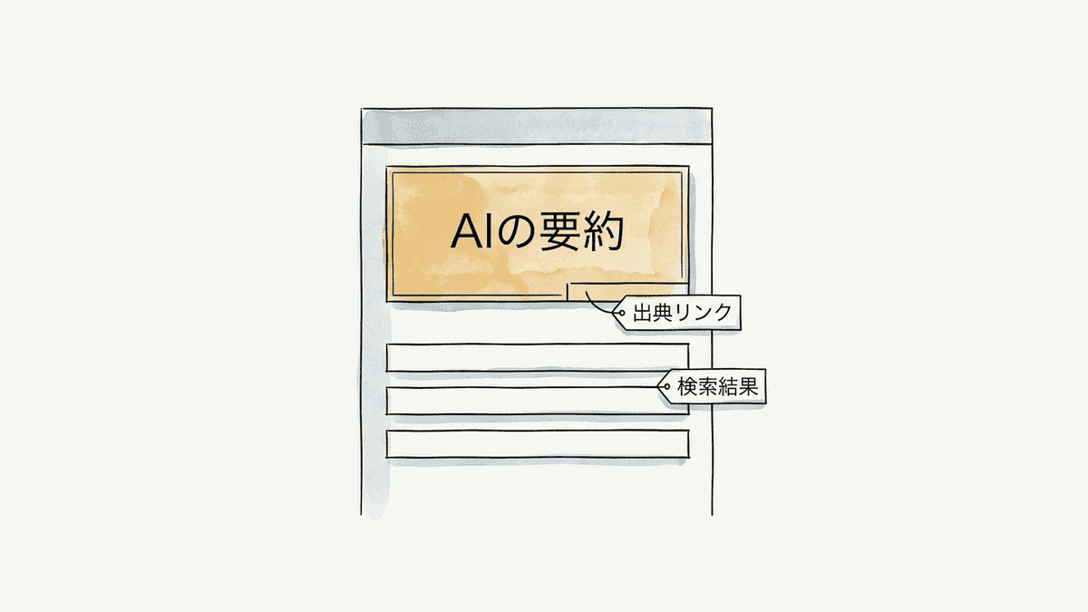 AI Overviewが検索結果の最上部に表示される構造の図解