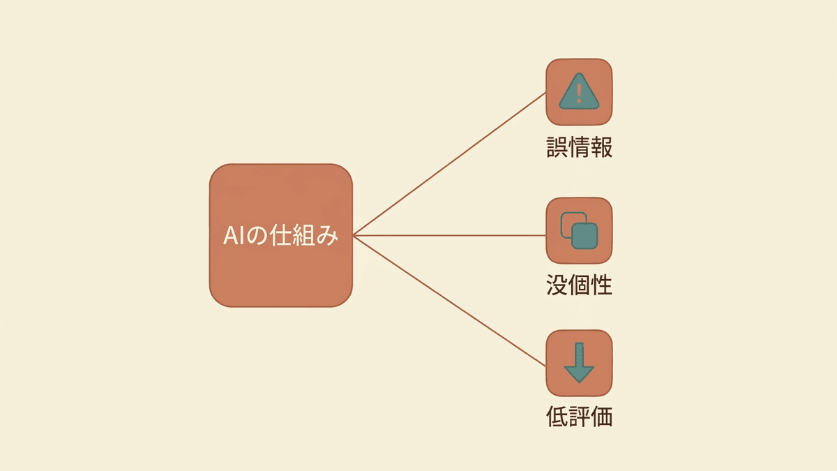 AI執筆がそのまま使えない三つの理由を整理した図