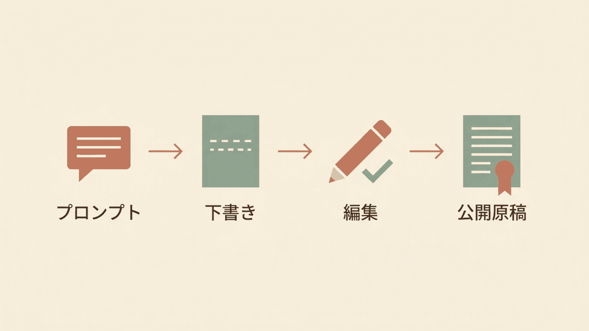 用途別プロンプトから下書きが生成され、人の編集を経て公開原稿になるまでの流れ図
