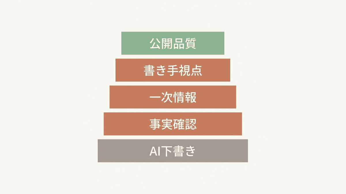 AIの下書きを土台に人が価値を積み上げる構造の図